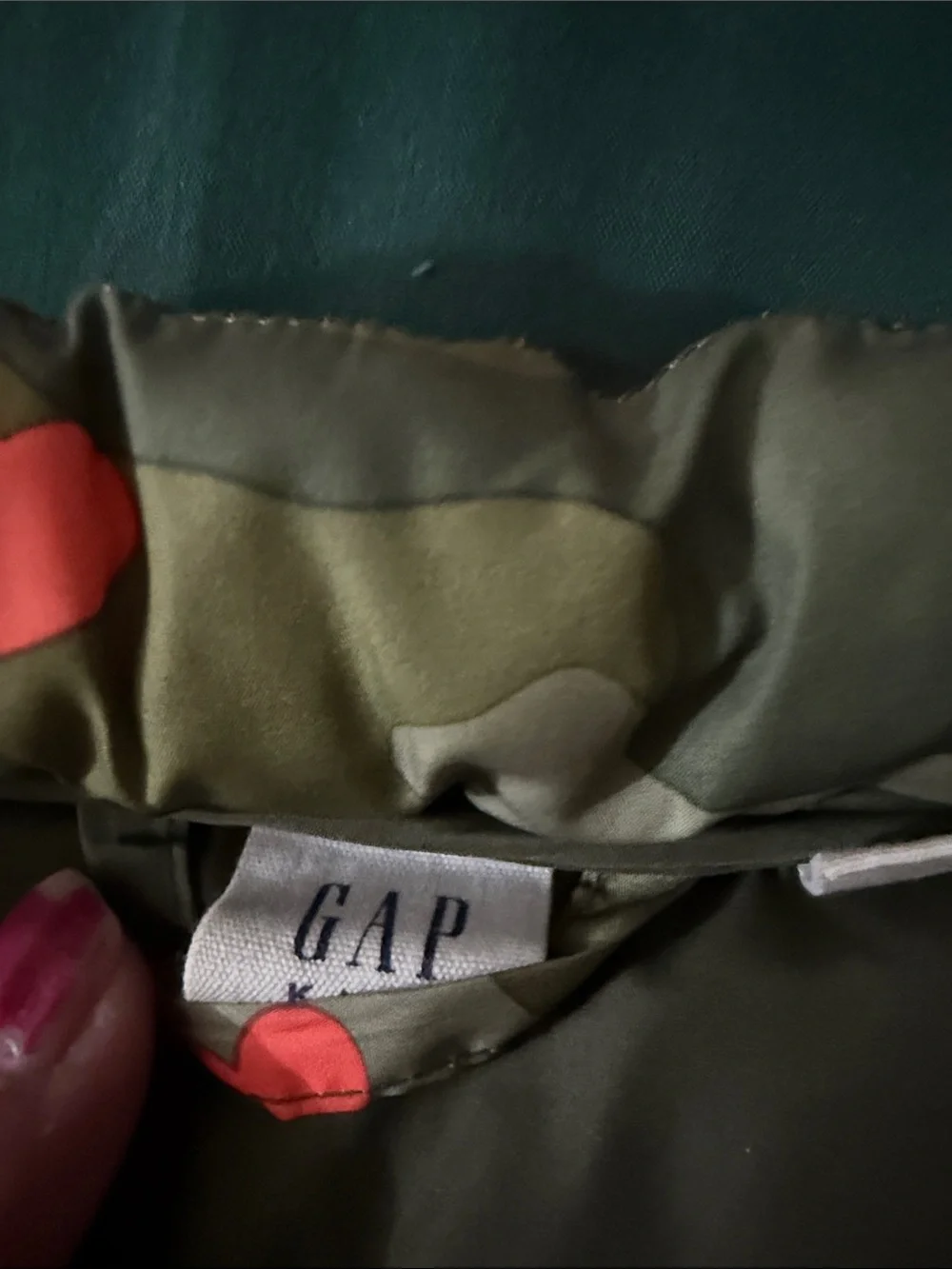 GAP Girls' Green Camouflage Puffer Vest with Red Heart Accents
